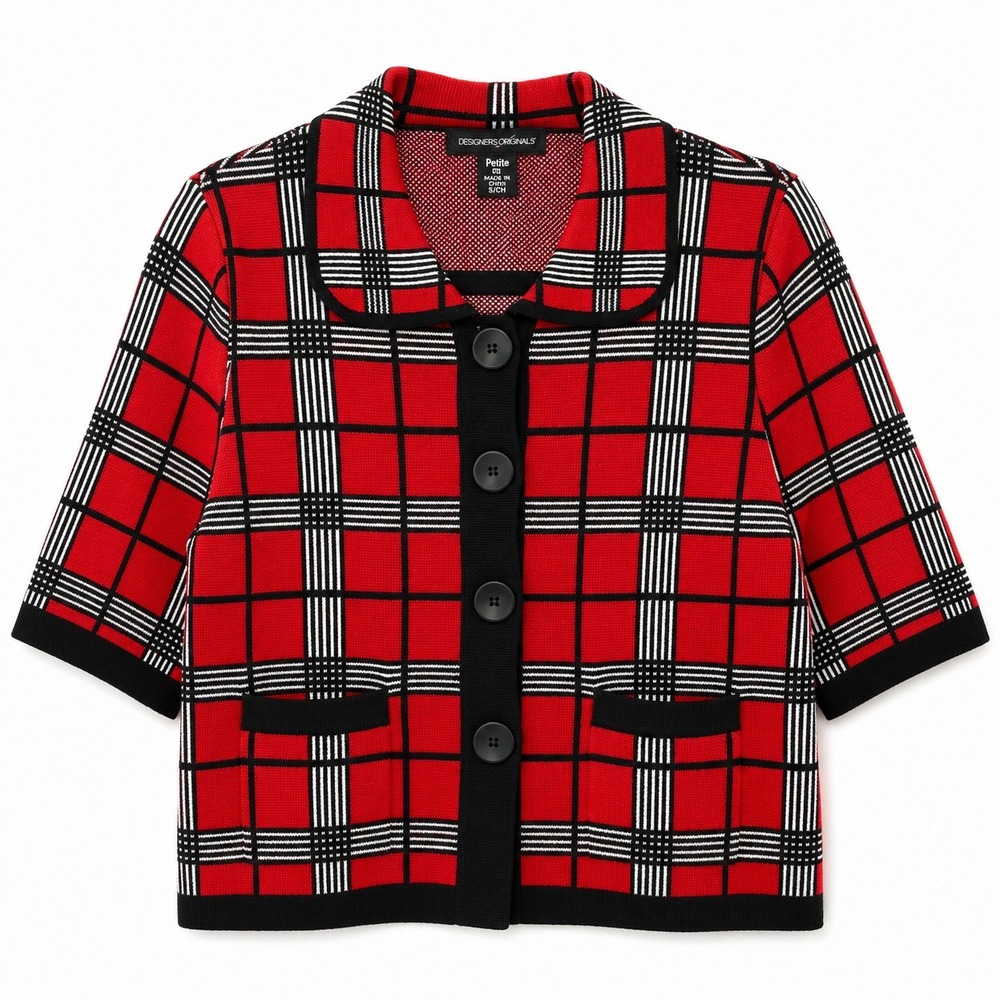 Vintage Heritage Prep Sweater Blazer Women PL Plaid Grandmillennial Cherry Girl